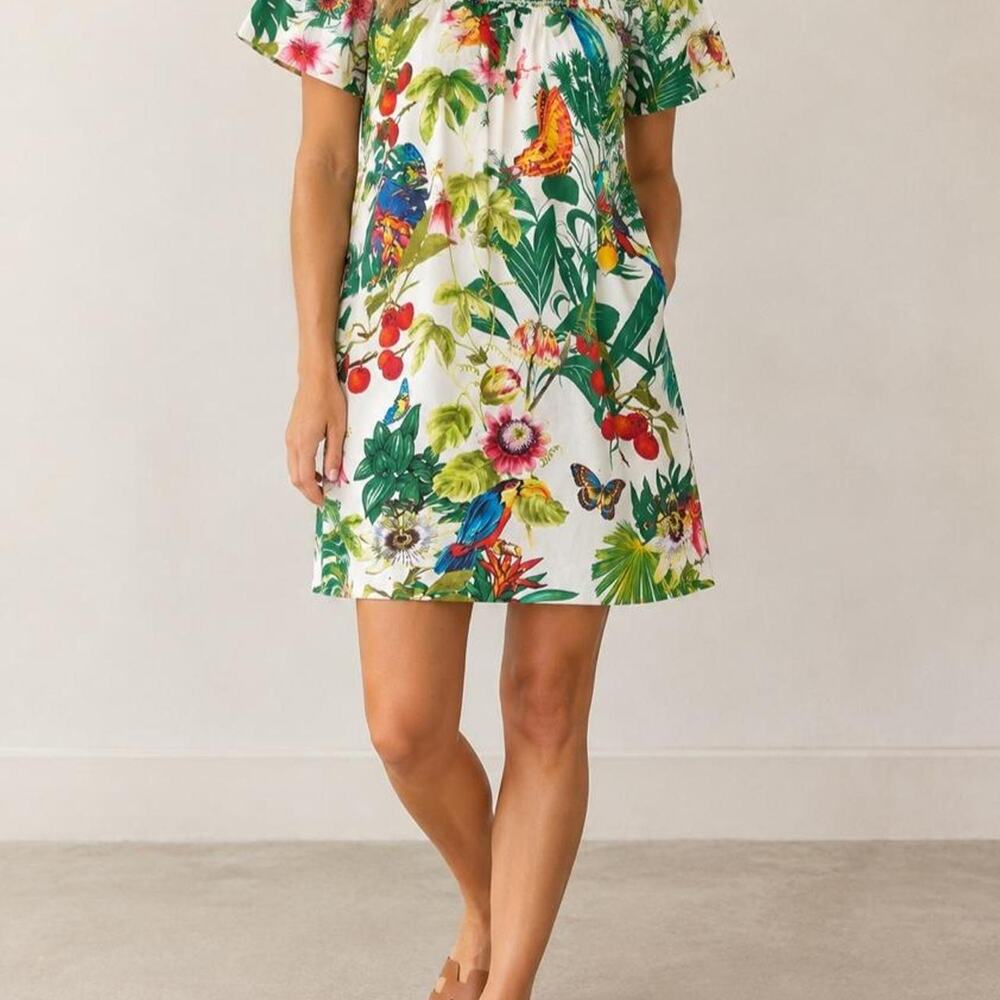 J.Crew Tropical Botanical Print Smocked Off Shoulder Dress Size 2